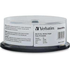 imageVerbatim BDR DL 50GB 8X Bluray Recordable Media Disc DataLifePlus White Inkjet Hub Printable  25pk Spindle  9733450GB