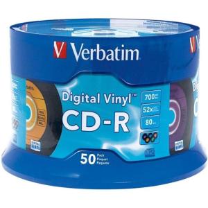 imageVerbatim CDR Blank Discs 700MB 80min 52X Recordable Disc for Data and Music with Digital Vinyl Surface  10pk Bulk Box BlueGreenOrangePinkPurpleYellow50 Discs Spindle