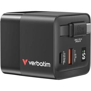 imageVerbatim GaN Wall Charger 65W Retractable Cable 1x USBC Ports PD 30 PPS up to 65W 1x USBA Port QC 30 up to 60W