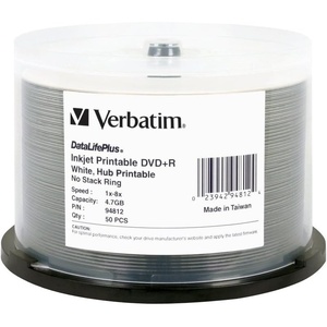 image:imageVerbatim DVDR 47GB 16X DataLifePlus White Inkjet Printable Hub Printable  50pk Spindle  94917 WhiteOne Size