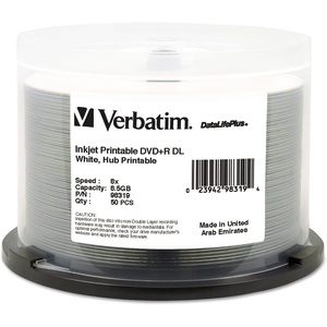 image:imageVerbatim DVDR DL 85GB 8X DataLifePlus White Inkjet Printable Hub Printable  50pk SpindleWhite InkJet Printable