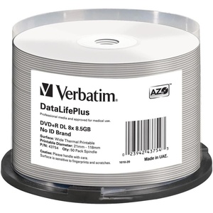 image:imageVerbatim DVDR DL 85GB 8X DataLifePlus White Inkjet Printable Hub Printable  50pk SpindleWhite Thermal Printable